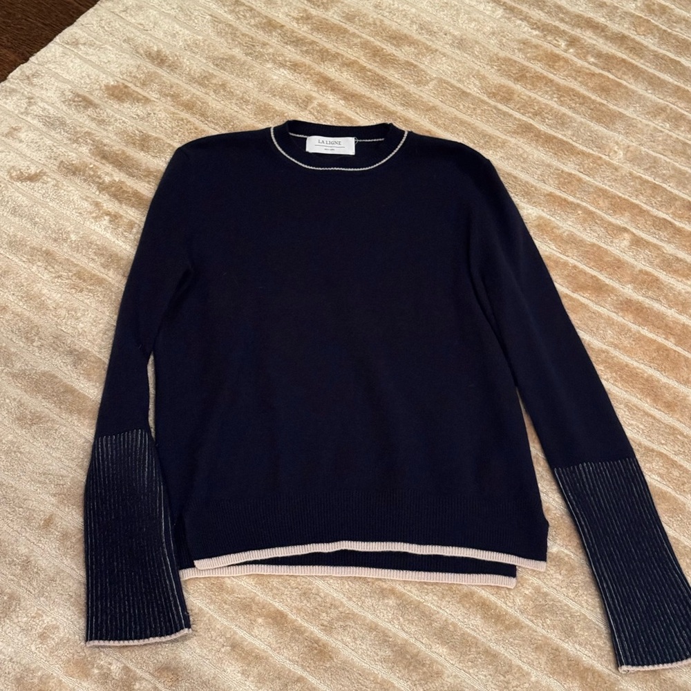 La Ligne Navy and Cream Crew Neck Sweater Cashmere XS